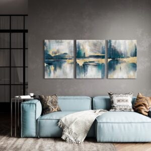 ArtbyHannah Blue and Gold Abstract Canvas Wall Art, 3 Panels Modern Blue Wall Art Decor for Bedroom Bathroom, 12x16 Inch Ready to Hang