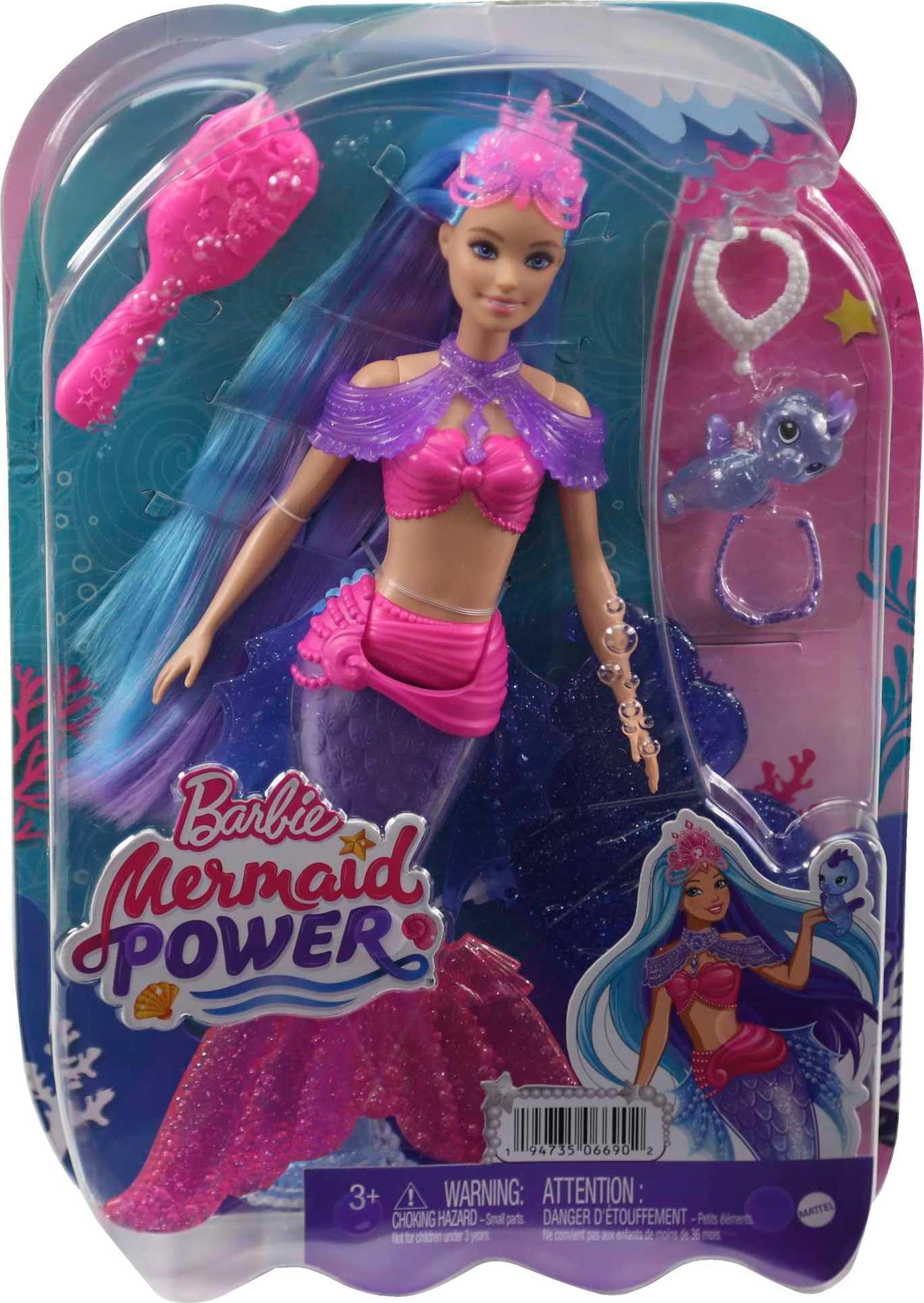 Barbie Mermaid Power Doll, "Malibu" with Seahorse Pet and Accessories, Mermaid Toys with Interchangeable Fins