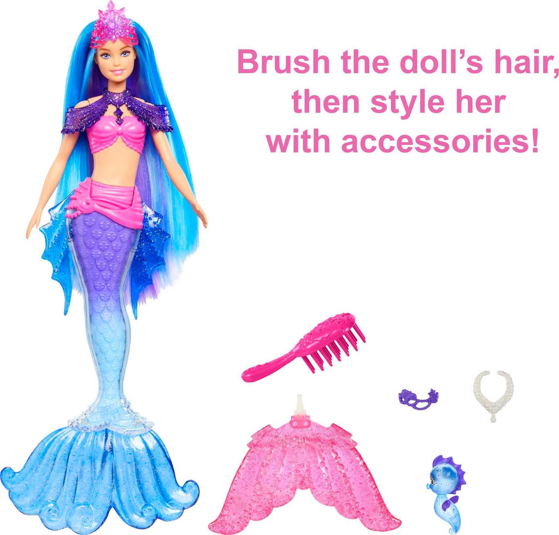 Barbie Mermaid Power Doll, "Malibu" with Seahorse Pet and Accessories, Mermaid Toys with Interchangeable Fins