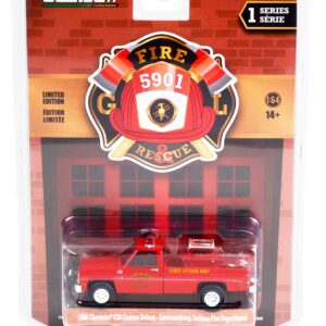 1986 Chevy C20 Custom Deluxe Pickup Truck Red First Attack Unit with Fire Accessories Lawrenceburg Fire Dept (in) 1/64 Diecast by Greenlight 67010 A