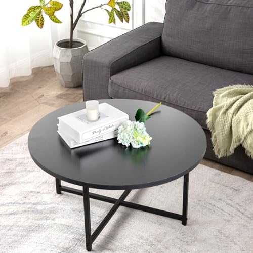 TOYSINTHEBOX Round Coffee Table Modern Coffee Table Sofa Table Tea Table for Living Room, Office Desk, Balcony, Wood Desktop and Metal Legs, Black, 31.5"