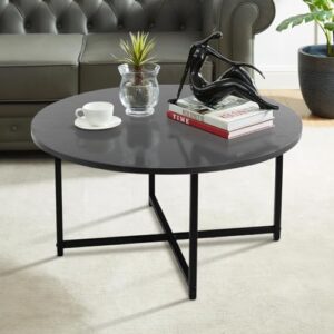 TOYSINTHEBOX Round Coffee Table Modern Coffee Table Sofa Table Tea Table for Living Room, Office Desk, Balcony, Wood Desktop and Metal Legs, Black, 31.5"