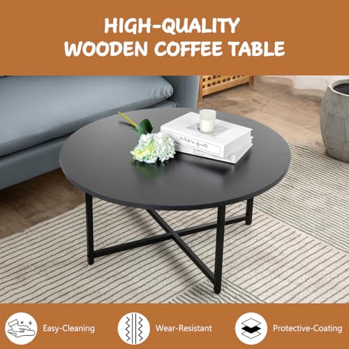 TOYSINTHEBOX Round Coffee Table Modern Coffee Table Sofa Table Tea Table for Living Room, Office Desk, Balcony, Wood Desktop and Metal Legs, Black, 31.5"