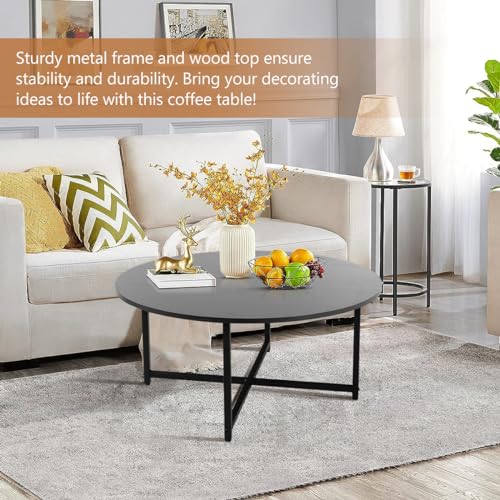 TOYSINTHEBOX Round Coffee Table Modern Coffee Table Sofa Table Tea Table for Living Room, Office Desk, Balcony, Wood Desktop and Metal Legs, Black, 31.5"