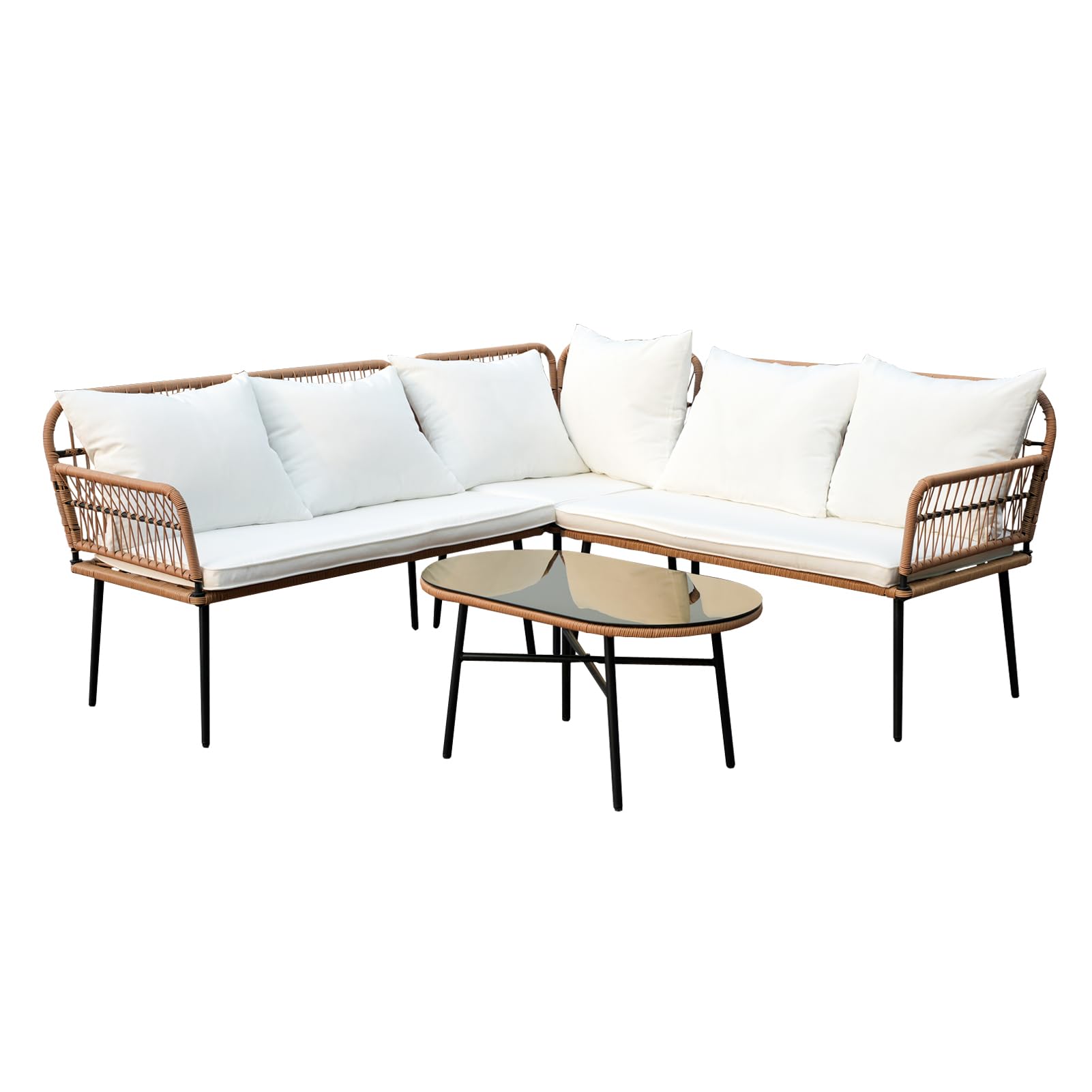 Homsido 4 Pieces Patio Sectional Furniture Chairs Set Boho Water-Resistant Outdoor Indoor Wicker Sectional Sofa Beige Woven PE Rattan Conversation Chat Set with Rect Side Table(White Cushions)