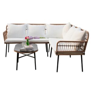 Homsido 4 Pieces Patio Sectional Furniture Chairs Set Boho Water-Resistant Outdoor Indoor Wicker Sectional Sofa Beige Woven PE Rattan Conversation Chat Set with Rect Side Table(White Cushions)