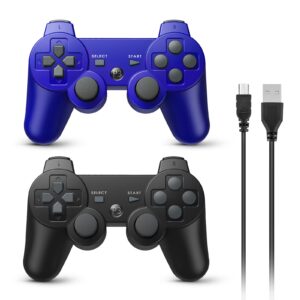 powerextra wireless controller for ps3, 2 pack high performance gaming controller with upgraded joystick double shock for play-station 3 (black and blue)