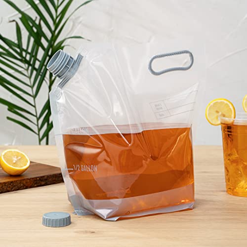 Restaurantware Cater Tek 1 Gallon Water Containers 10 Drink Bags - Collapsible Includes Tamper-Evident Caps Clear Plastic Beverage Bags For Catered Events Camping or Hiking Durable Handle