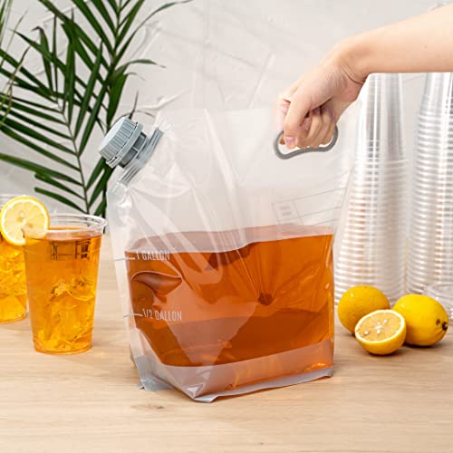 Restaurantware Cater Tek 1 Gallon Water Containers 10 Drink Bags - Collapsible Includes Tamper-Evident Caps Clear Plastic Beverage Bags For Catered Events Camping or Hiking Durable Handle