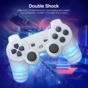 Powerextra Controller Compatible with PS3, Wireless 2 Pack High Performance Gaming Controller with Upgraded Joystick Double Shock for Play-Station 3 (White)