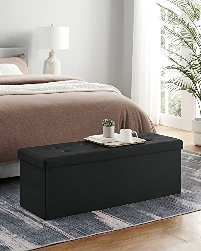 SONGMICS 43 Inches Folding Storage Ottoman Bench, Storage Chest, Foot Rest Stool, Bedroom Bench with Storage, Black ULSF077B01