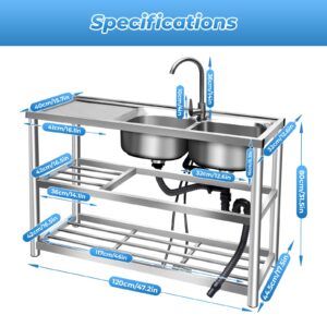 Commercial Kitchen Prep Sink & Utility Sink w/Faucet, 2 Compartment Stainless Steel Kitchen Sink with Double Storage Shelves, Free-Standing Double Bowls Sink for Restaurant Kitchen