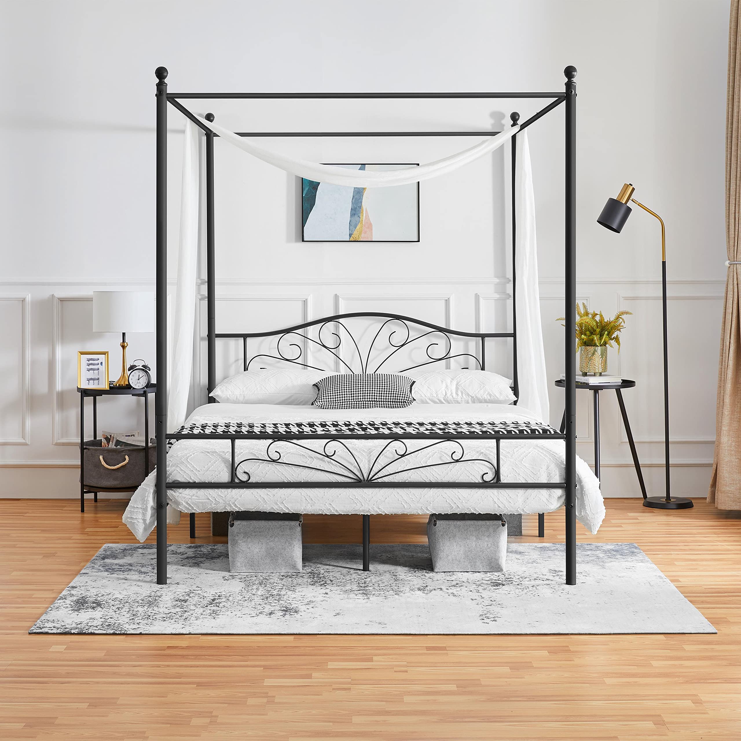 Yaheetech Queen Canopy Bed Frames Graceful Scroll Metal Canopy Bed/Four-Poster Canopied Platform Bed with Arched Headboard/Solid Slats/Underbed Storage Space/No Box Sring Needed/Ball Finals, Black