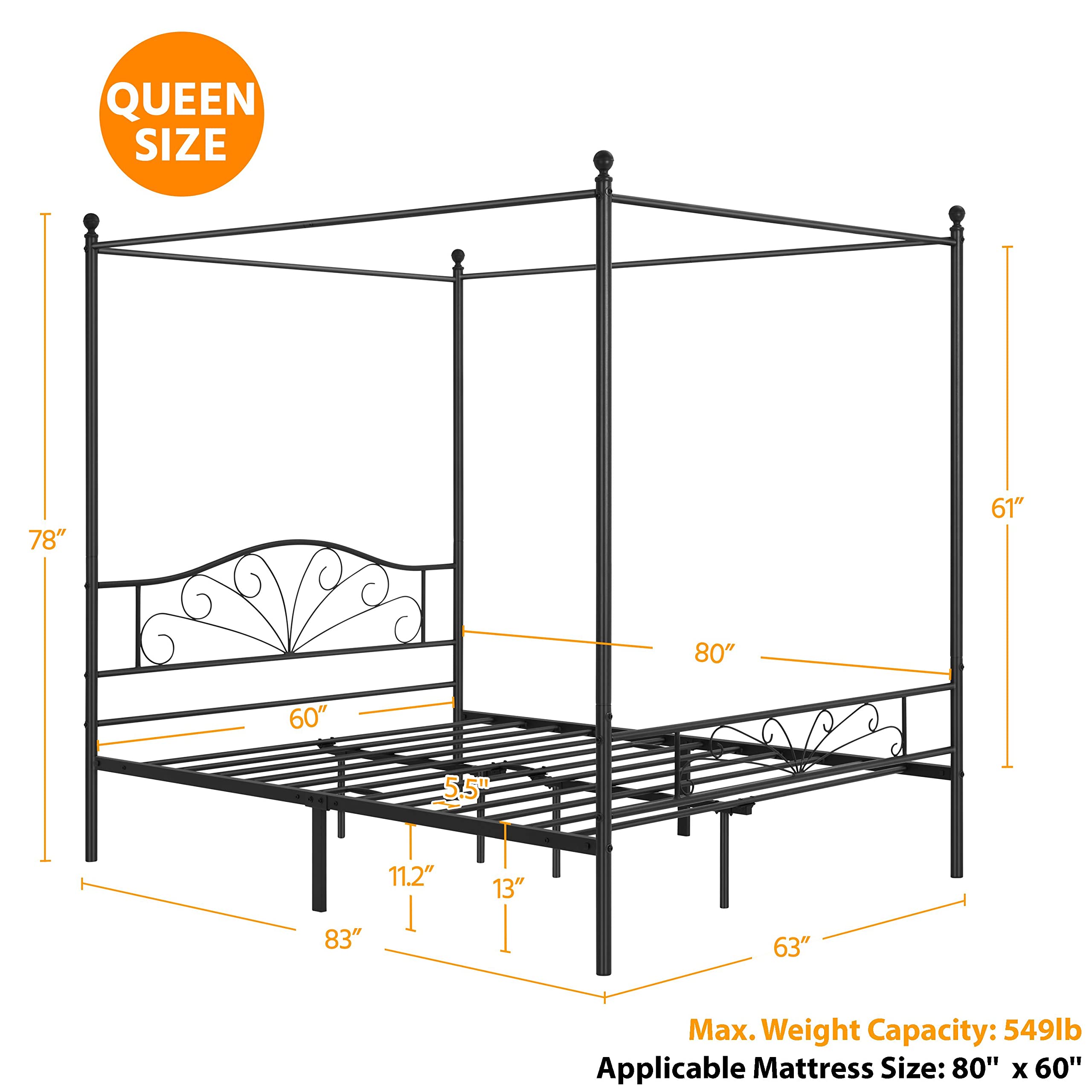 Yaheetech Queen Canopy Bed Frames Graceful Scroll Metal Canopy Bed/Four-Poster Canopied Platform Bed with Arched Headboard/Solid Slats/Underbed Storage Space/No Box Sring Needed/Ball Finals, Black