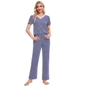 IZZY + TOBY Cotton Pajama Sets, Soft Sleepwear Pjs Set for Women, Summer Pj Short Sleeve Top and Long Pants, Casual Loungewear Ladies Pajamas Navy