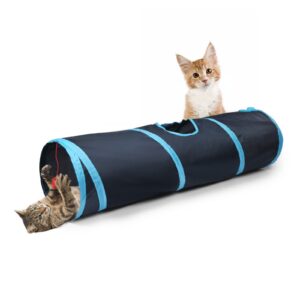 Sheldamy Cat Tunnel, 2-Way Collapsible Play Tunnel, Interactive Toy Maze for Small Animals, Suitable for Kittens, Puppies, Rabbits, Ferrets, Blue & Black