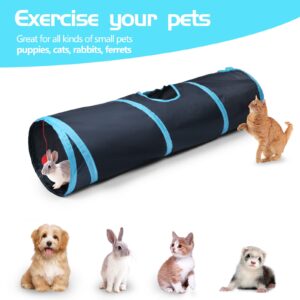 Sheldamy Cat Tunnel, 2-Way Collapsible Play Tunnel, Interactive Toy Maze for Small Animals, Suitable for Kittens, Puppies, Rabbits, Ferrets, Blue & Black