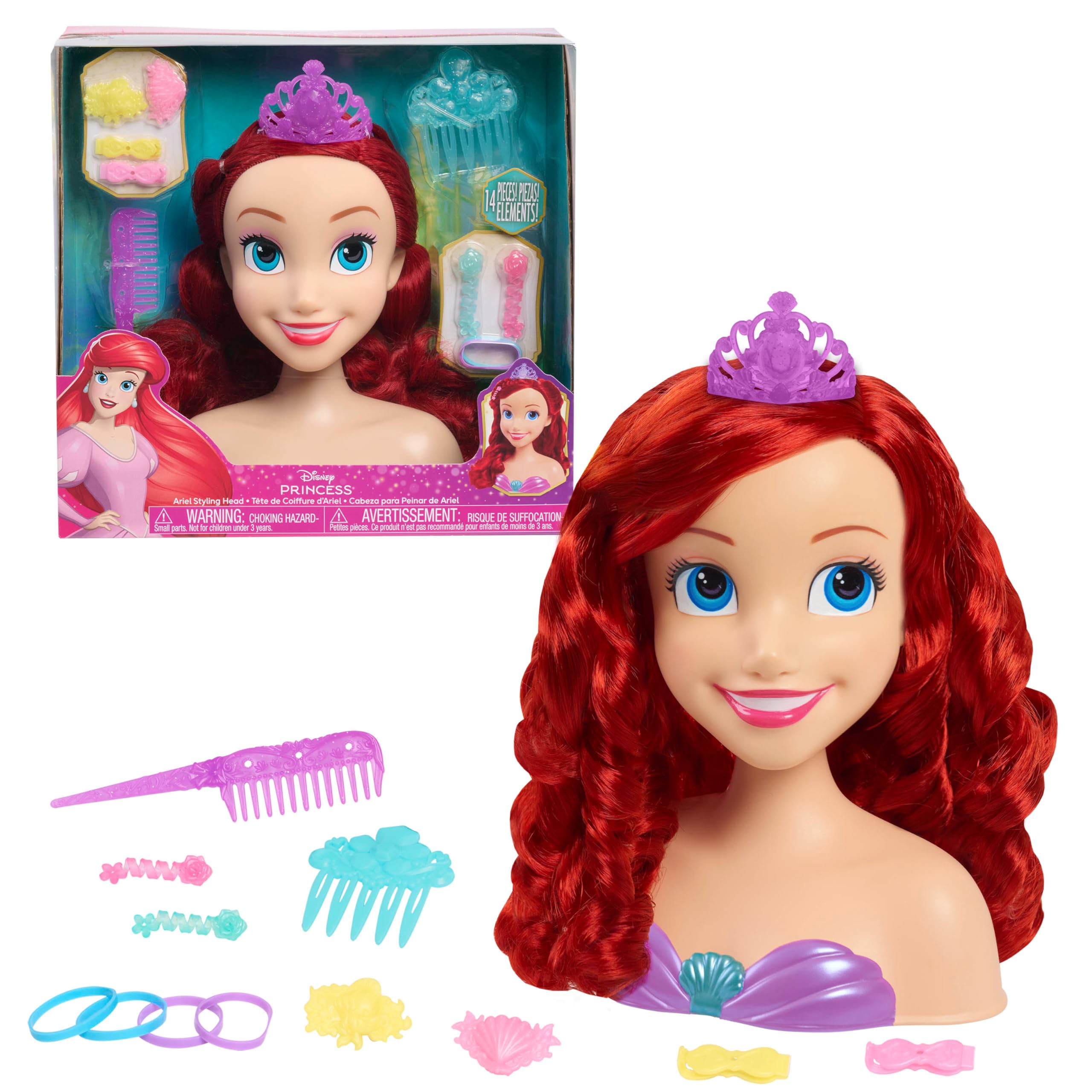 Disney Princess Ariel Styling Head, 14-pieces, Pretend Play, Kids Toys for Ages 3 Up by Just Play