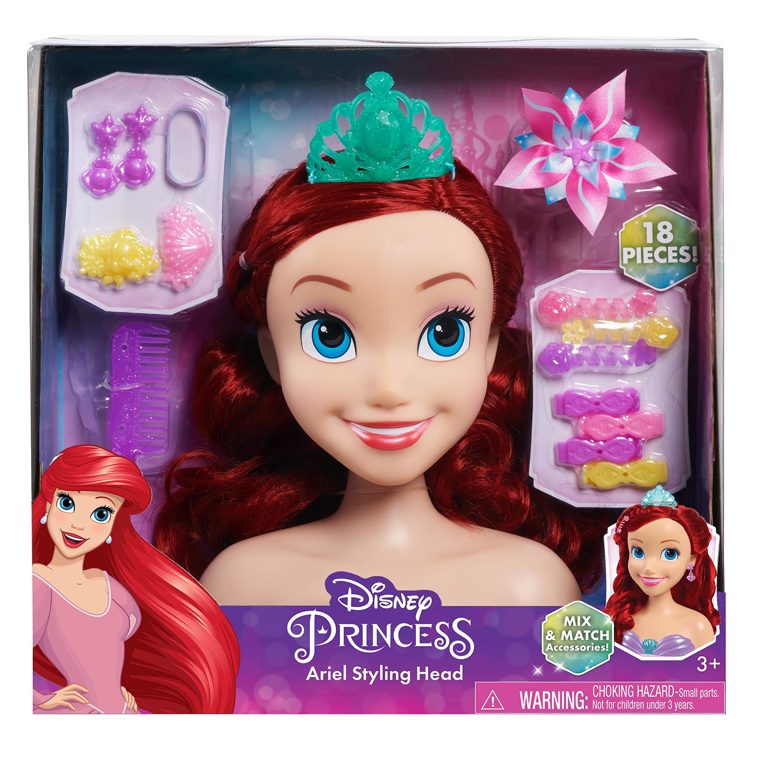 Disney Princess Ariel Styling Head, 14-pieces, Pretend Play, Kids Toys for Ages 3 Up by Just Play