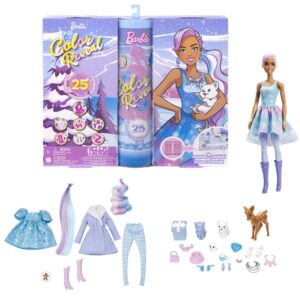 Barbie Color Reveal Advent Calendar, 1 Color Reveal Doll & 3 Pets, Clothes, Accessories & 2 Hair Extensions, 25 Surprises, for Kids