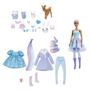 Barbie Color Reveal Advent Calendar, 1 Color Reveal Doll & 3 Pets, Clothes, Accessories & 2 Hair Extensions, 25 Surprises, for Kids