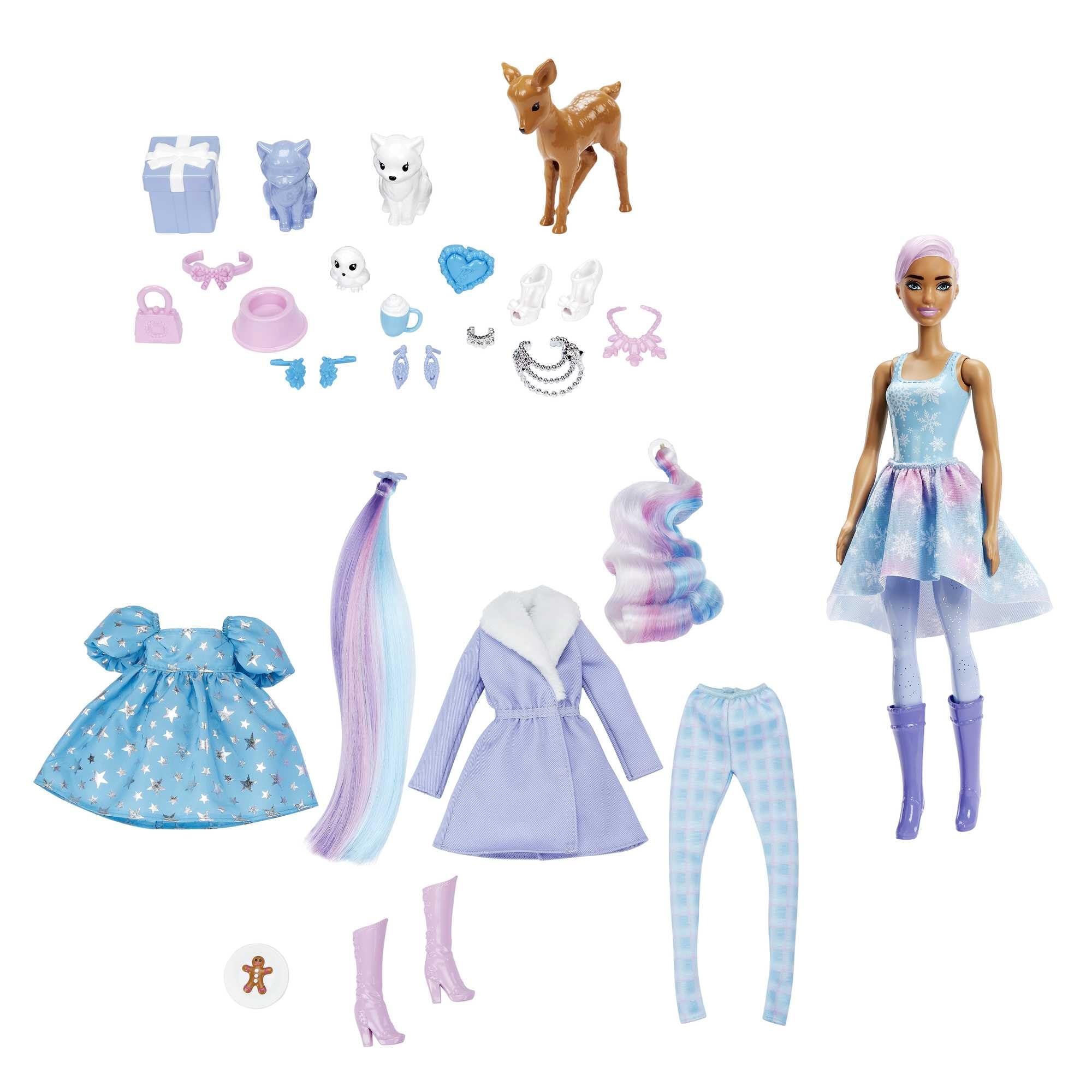 Barbie Color Reveal Advent Calendar, 1 Color Reveal Doll & 3 Pets, Clothes, Accessories & 2 Hair Extensions, 25 Surprises, for Kids