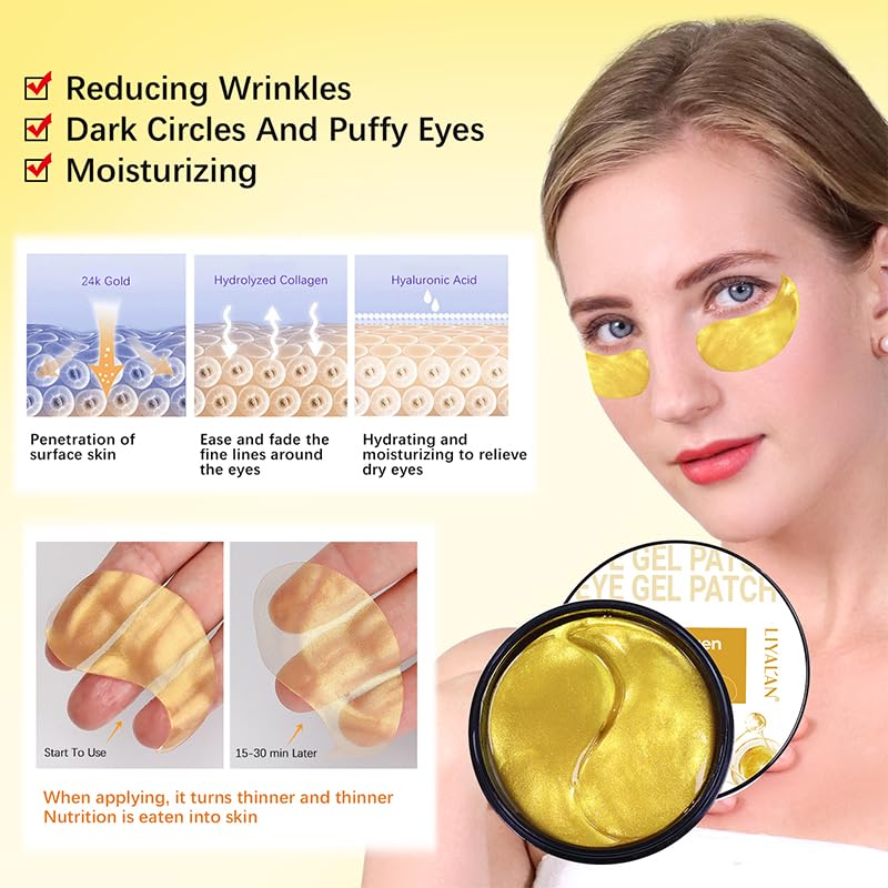 LIYALAN 24K Gold Under Eye Patches for Dark Circles and Puffiness Eye Mask Skin Care Products Eye Patches for Puffy Eyes Beauty Under Eye for Women 60Pcs