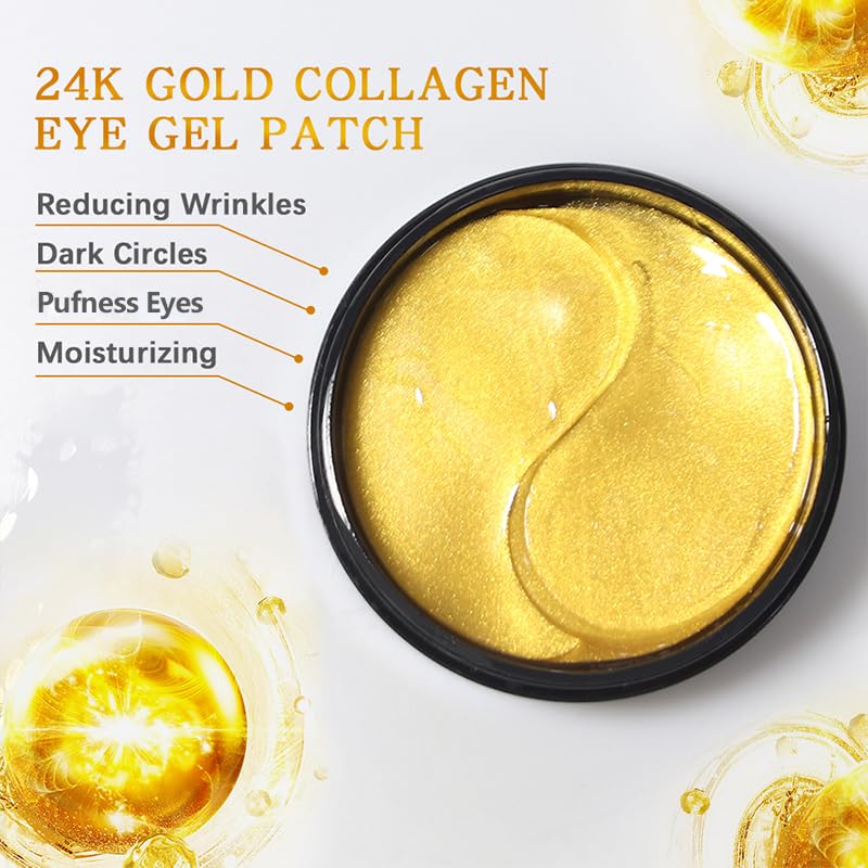 LIYALAN 24K Gold Under Eye Patches for Dark Circles and Puffiness Eye Mask Skin Care Products Eye Patches for Puffy Eyes Beauty Under Eye for Women 60Pcs