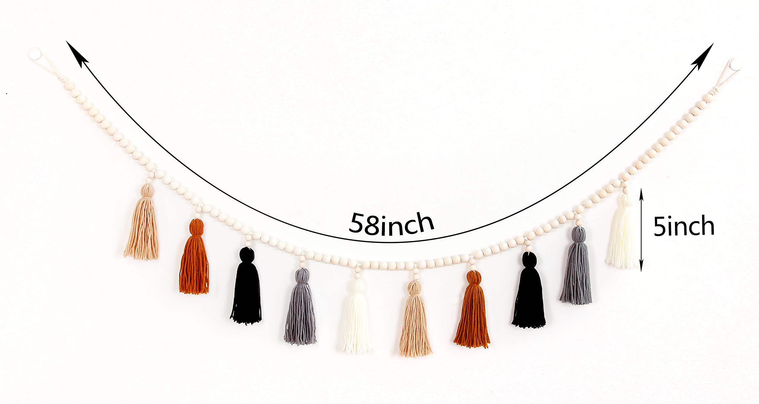 Tassel Garland with Wood Bead,Boho Macrame Wall Hanging Decor for Bedroom, Nursery, Play Room, Baby Shower, Girls Room Decor (White)