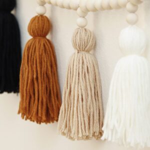 Tassel Garland with Wood Bead,Boho Macrame Wall Hanging Decor for Bedroom, Nursery, Play Room, Baby Shower, Girls Room Decor (White)