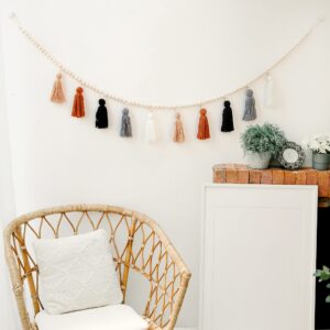 Tassel Garland with Wood Bead,Boho Macrame Wall Hanging Decor for Bedroom, Nursery, Play Room, Baby Shower, Girls Room Decor (White)