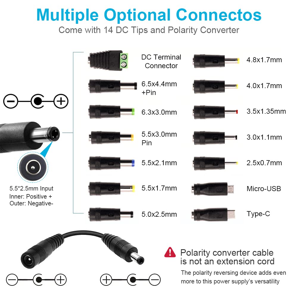 72W Power Supply Adjustable DC 3V ~ 24V Variable Universal Switching AC/DC Adapter 100V-240V AC to DC Converter with LED Voltage Display and 14 Tips, for 3V to 24V Household Electronics - 3000mA Max