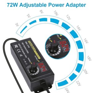 72W Power Supply Adjustable DC 3V ~ 24V Variable Universal Switching AC/DC Adapter 100V-240V AC to DC Converter with LED Voltage Display and 14 Tips, for 3V to 24V Household Electronics - 3000mA Max