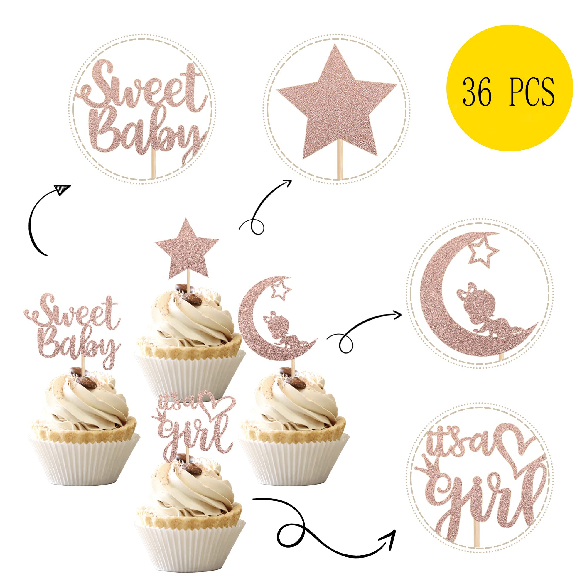 36 PCS Baby Shower Girl Cupcake Toppers with Moon Glitter Star It's a Girl Sweet Baby Gender Reveal Cupcake Picks Baby Shower Kids Girls Birthday Party Cake Decorations Supplies Rose Gold