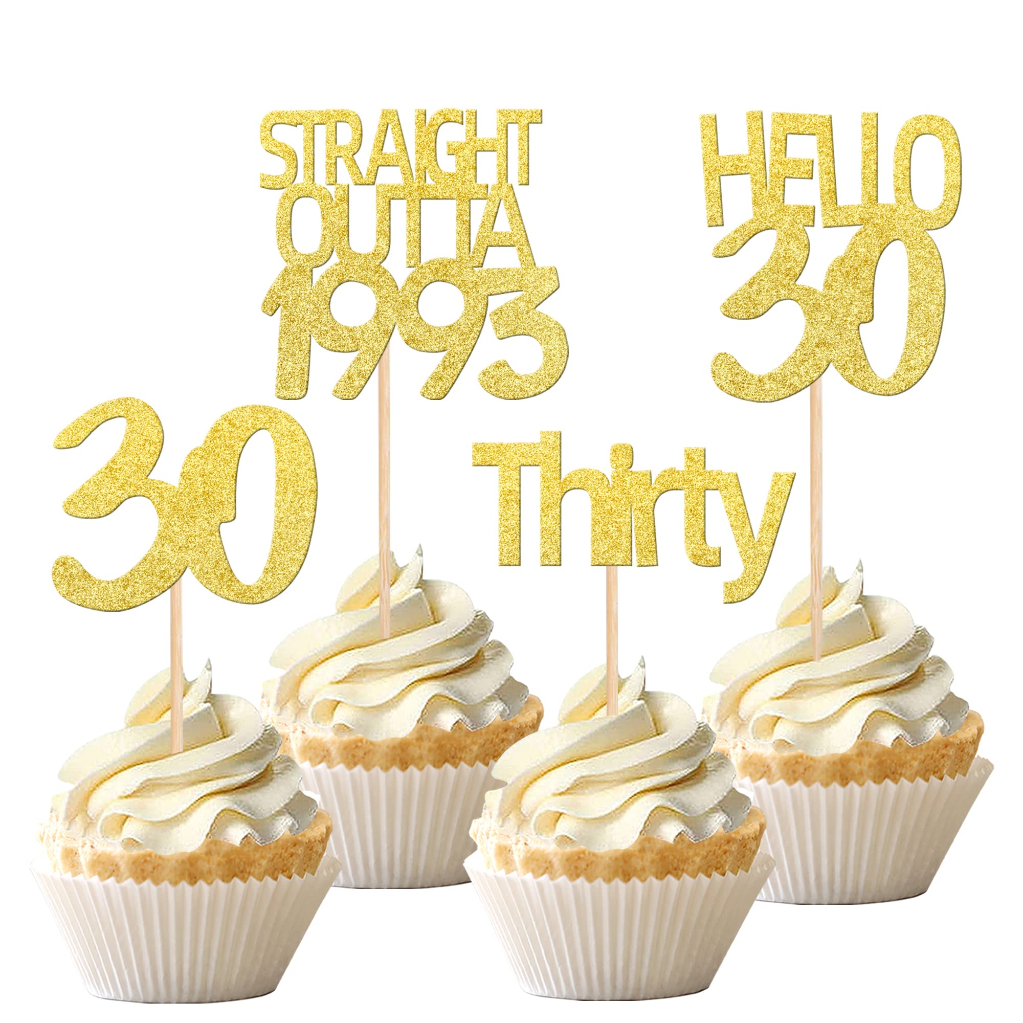 36PCS Happy 30th Birthday Cupcake Toppers Gold Glitter Thirty Hello 30 Straight Outta 1993 Cupcake Picks for Cheers to 30 Years Birthday Wedding Anniversary Party Cake Decorations Supplies