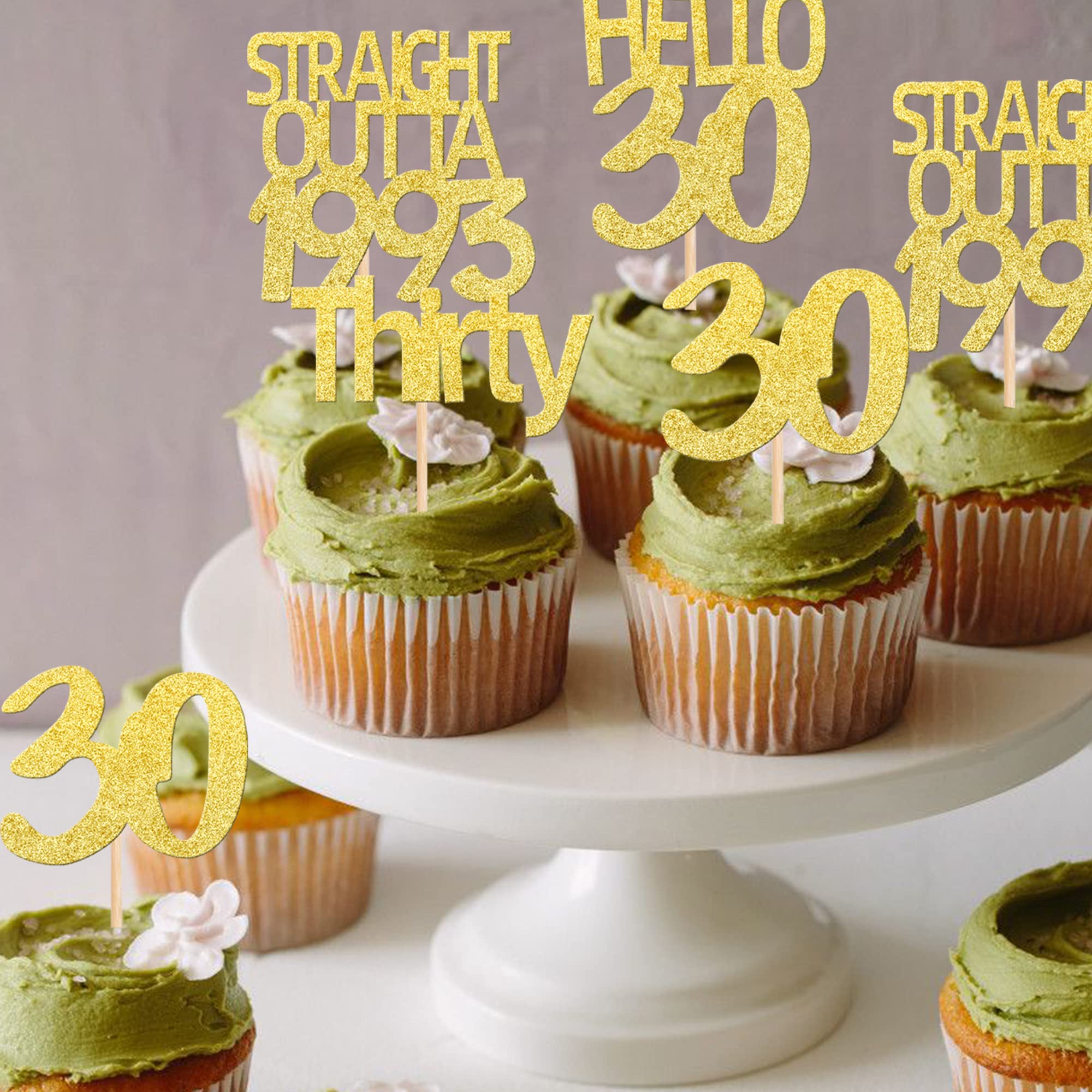 36PCS Happy 30th Birthday Cupcake Toppers Gold Glitter Thirty Hello 30 Straight Outta 1993 Cupcake Picks for Cheers to 30 Years Birthday Wedding Anniversary Party Cake Decorations Supplies