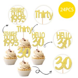 36PCS Happy 30th Birthday Cupcake Toppers Gold Glitter Thirty Hello 30 Straight Outta 1993 Cupcake Picks for Cheers to 30 Years Birthday Wedding Anniversary Party Cake Decorations Supplies