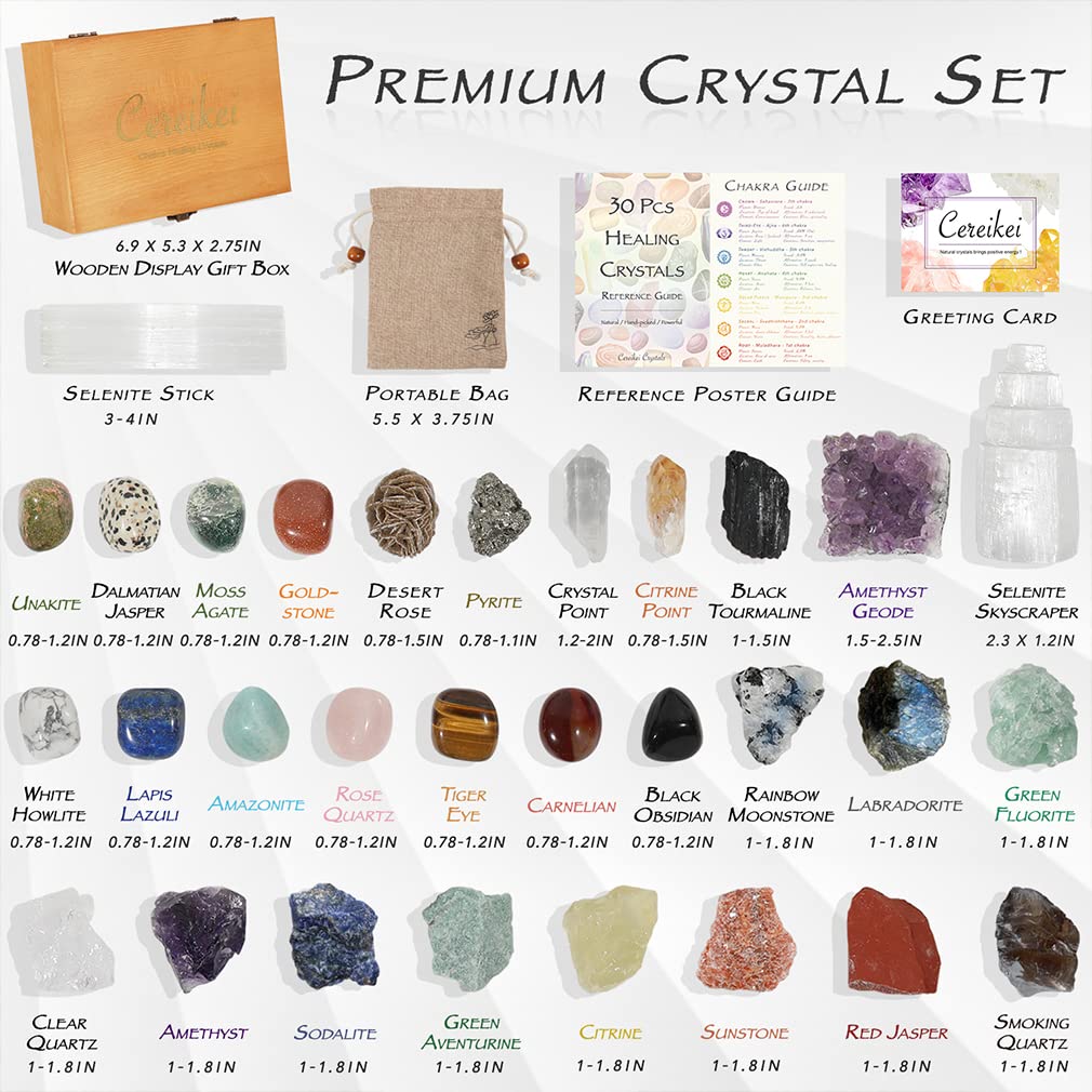 30 PCS Crystals and Stones Set - Natural Raw Healing Crystals & Tumbled Chakra Stones, Premium Protection Crystals Gift Kit Display in Wooden Box + Info Guide