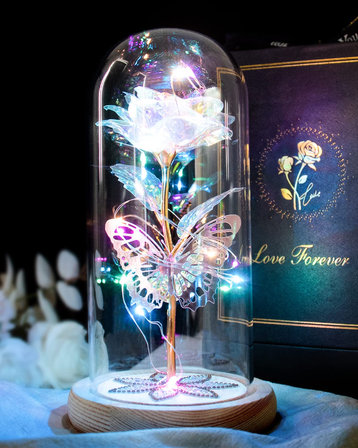 Beferr Gifts for Women Birthday Gifts Galaxy Rose Eternal Rainbow Flower Gifts Light Up Rose in Glass Dome Mothers Day Mom Rose Gifts for Grandma Daughter Wife Sister Friends