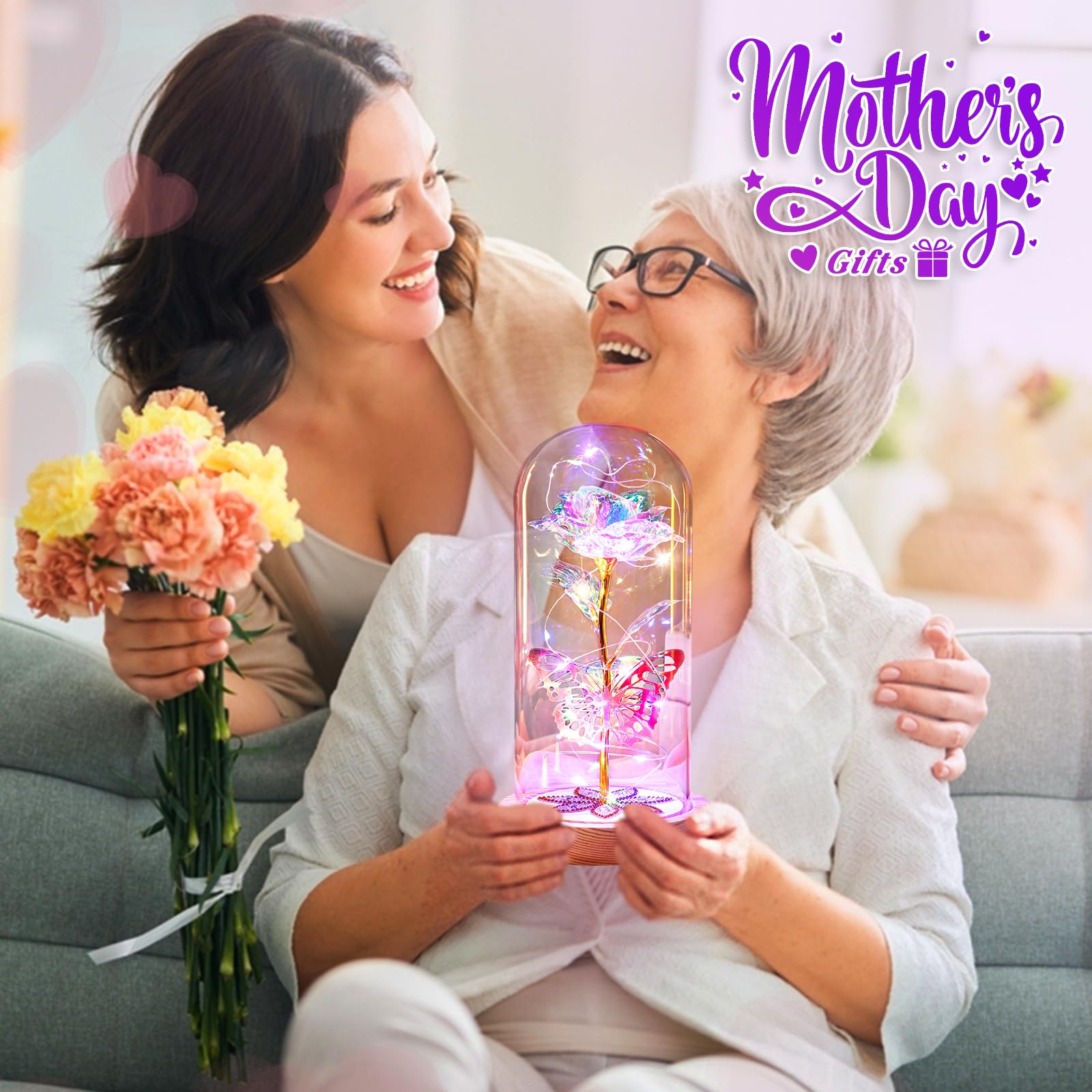 Beferr Gifts for Women Birthday Gifts Galaxy Rose Eternal Rainbow Flower Gifts Light Up Rose in Glass Dome Mothers Day Mom Rose Gifts for Grandma Daughter Wife Sister Friends