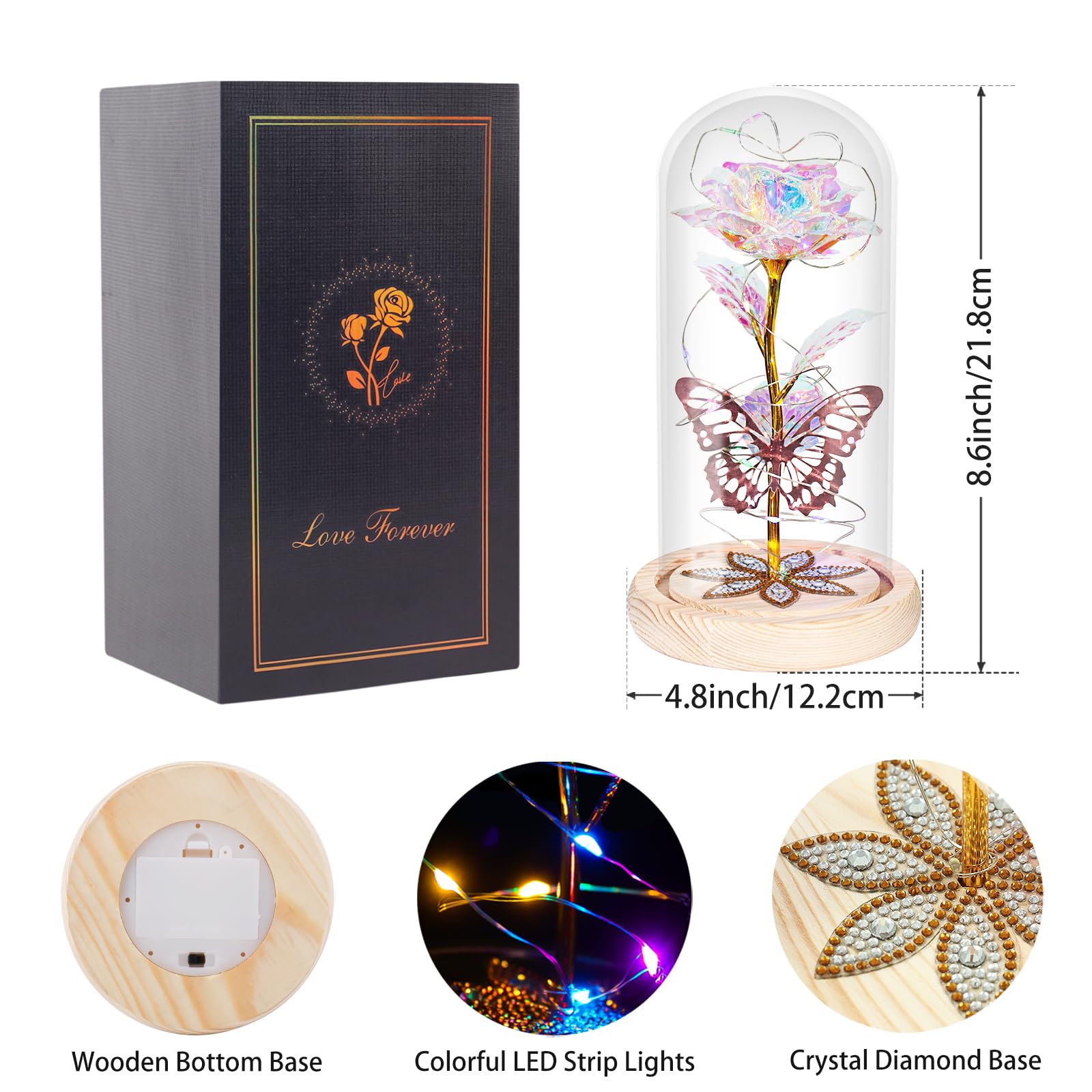 Beferr Gifts for Women Birthday Gifts Galaxy Rose Eternal Rainbow Flower Gifts Light Up Rose in Glass Dome Mothers Day Mom Rose Gifts for Grandma Daughter Wife Sister Friends