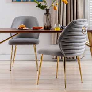 zhenghao velvet dining chairs set of 2, mid century upholstered dining room accent chairs modern comfy tufted side chair with gold legs and ring pull for kitchen living room bedrooms (grey 2pcs)