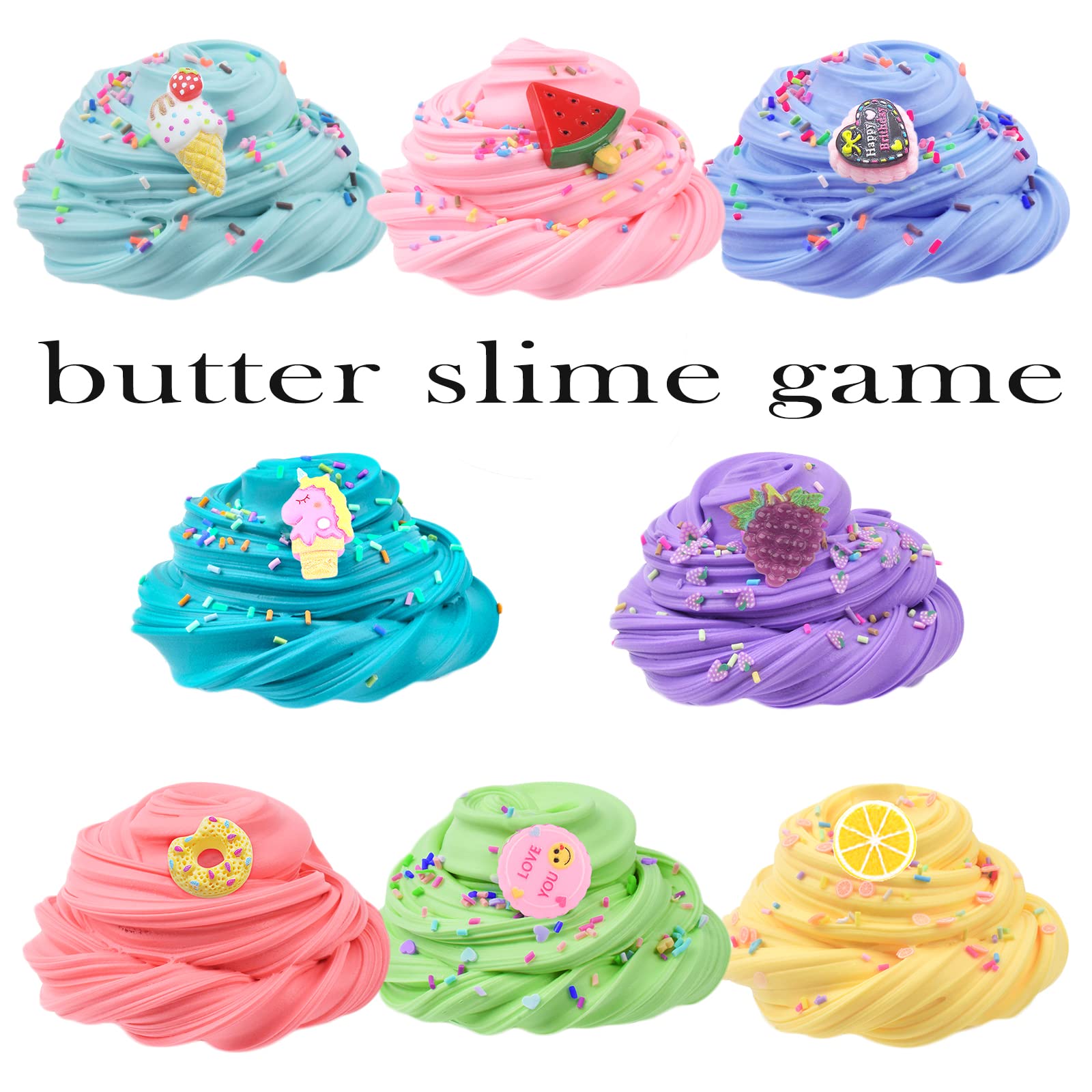 8 Pack Butter Slime Kit with Cake, Animal, Candy and Fruit Accessories - Super Stretchy, Non-Sticky, Educational Stress Reliever for Kids, Boys and Girls