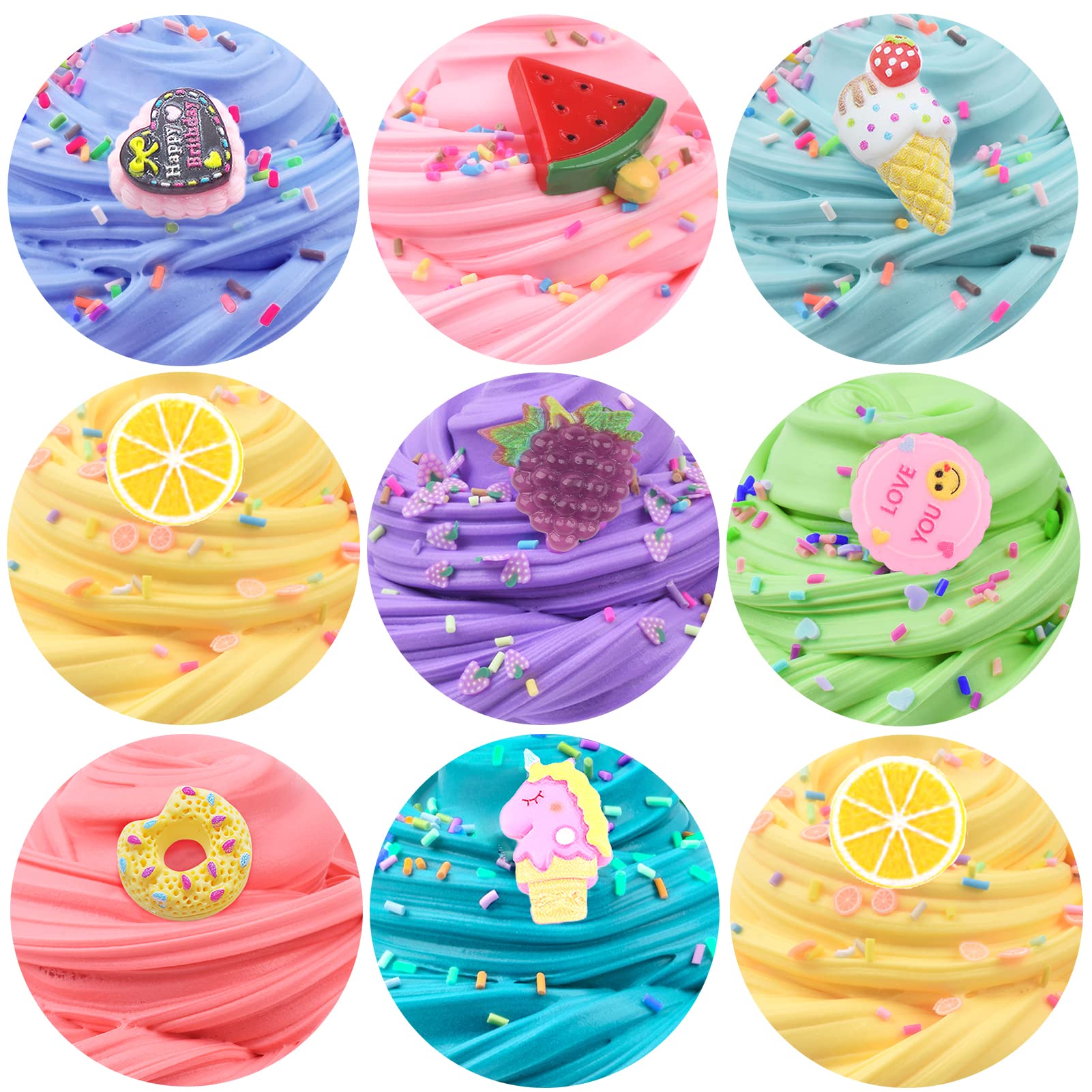 8 Pack Butter Slime Kit with Cake, Animal, Candy and Fruit Accessories - Super Stretchy, Non-Sticky, Educational Stress Reliever for Kids, Boys and Girls