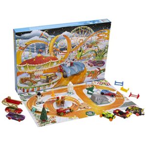 hot wheels toy cars, 2022 advent calendar with 8 1:64 scale vehicles, 16 holiday-themed accessories & playmat