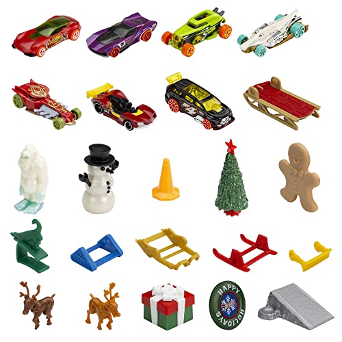 Hot Wheels Toy Cars, 2022 Advent Calendar with 8 1:64 Scale Vehicles, 16 Holiday-Themed Accessories & Playmat