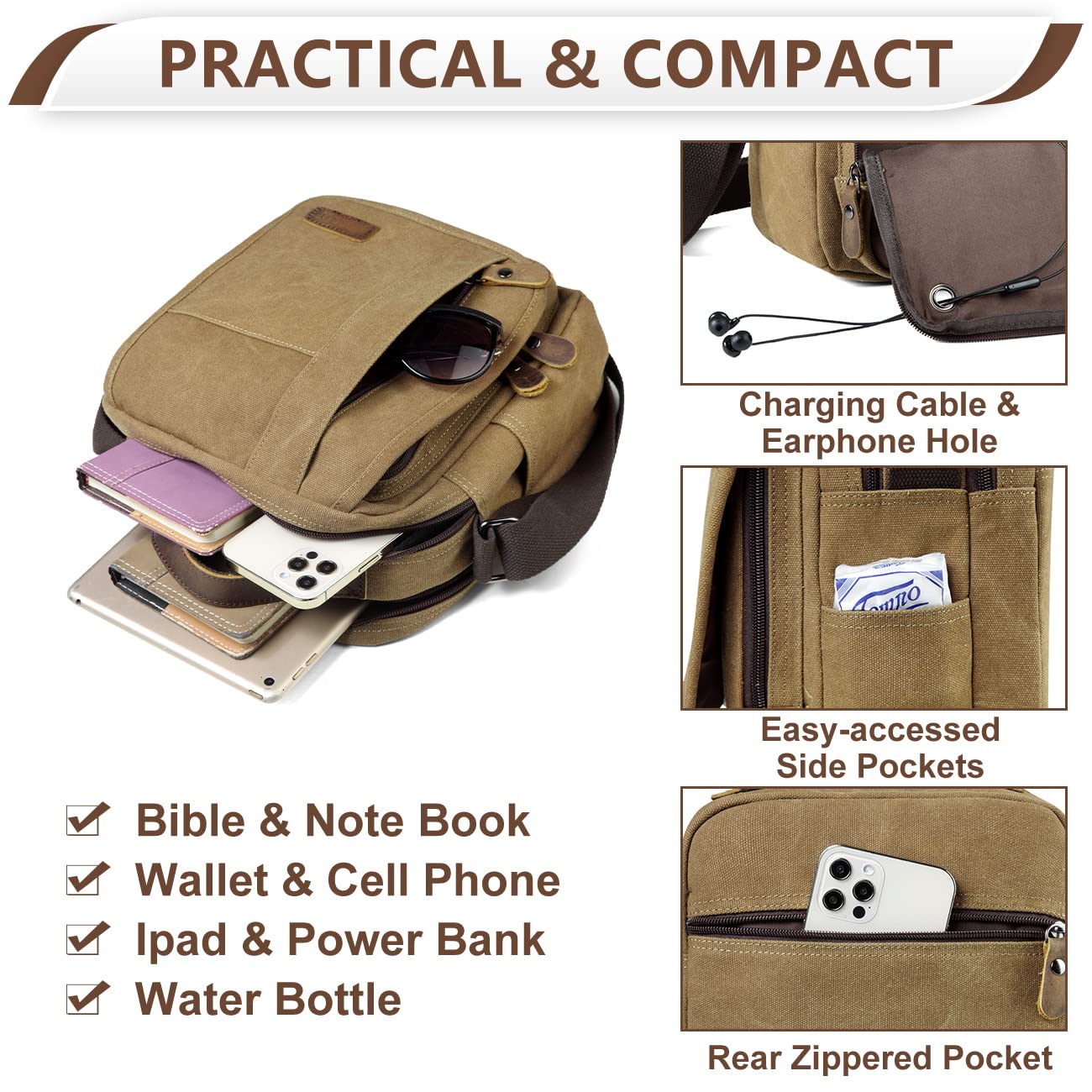 VASCHY Messenger Bag Small, Canvas Water Resistant Crossbody Shoulder Bag Purse for Men and Women Camel