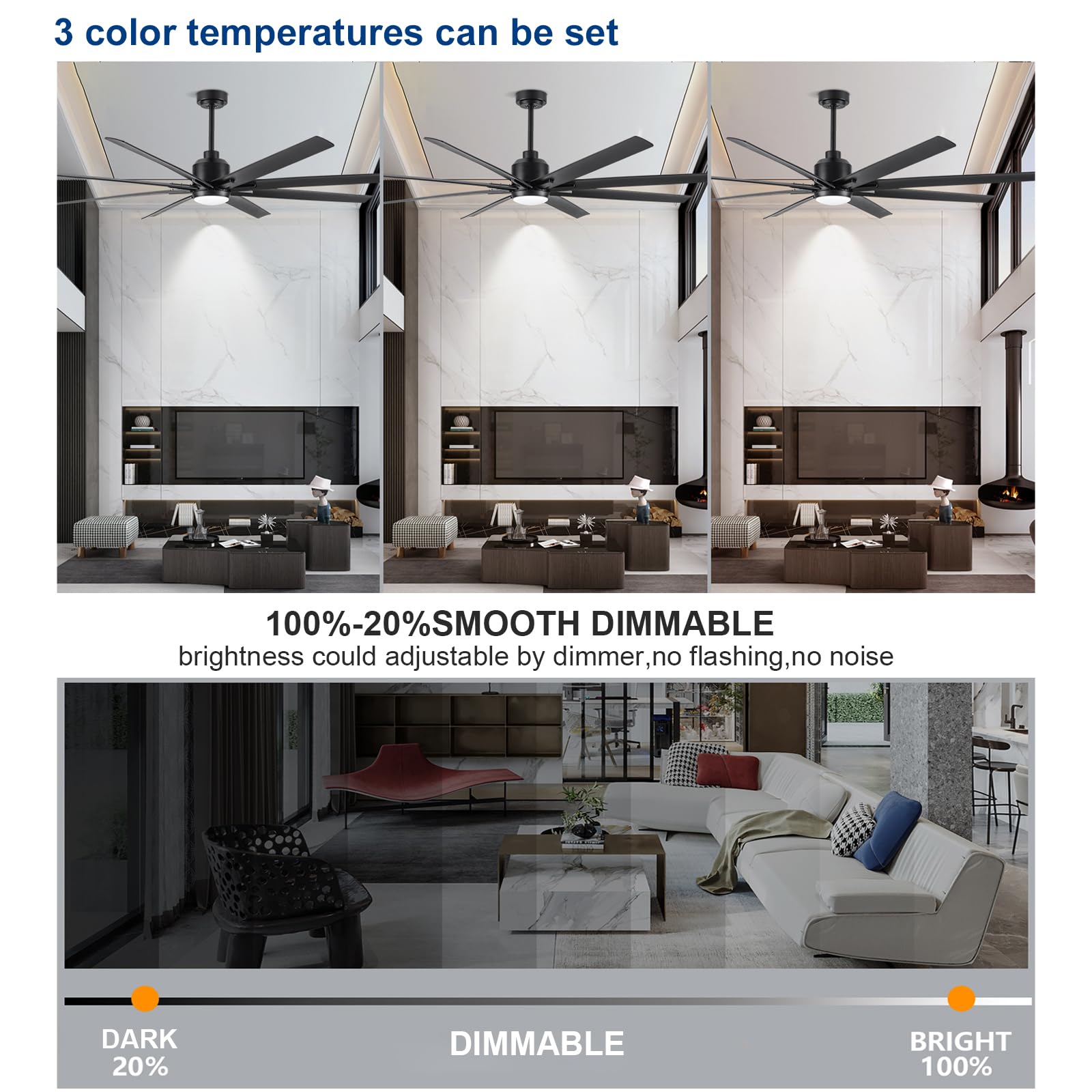 YUHAO 72 Inch Large Ceiling Fan with Light and Remote Control.6 Speed Reversible DC Motor, Dimmable Tri-Color Temperature LED.Black Industrial Style Ceiling Fan for Indoor or Covered Outdoor Use.