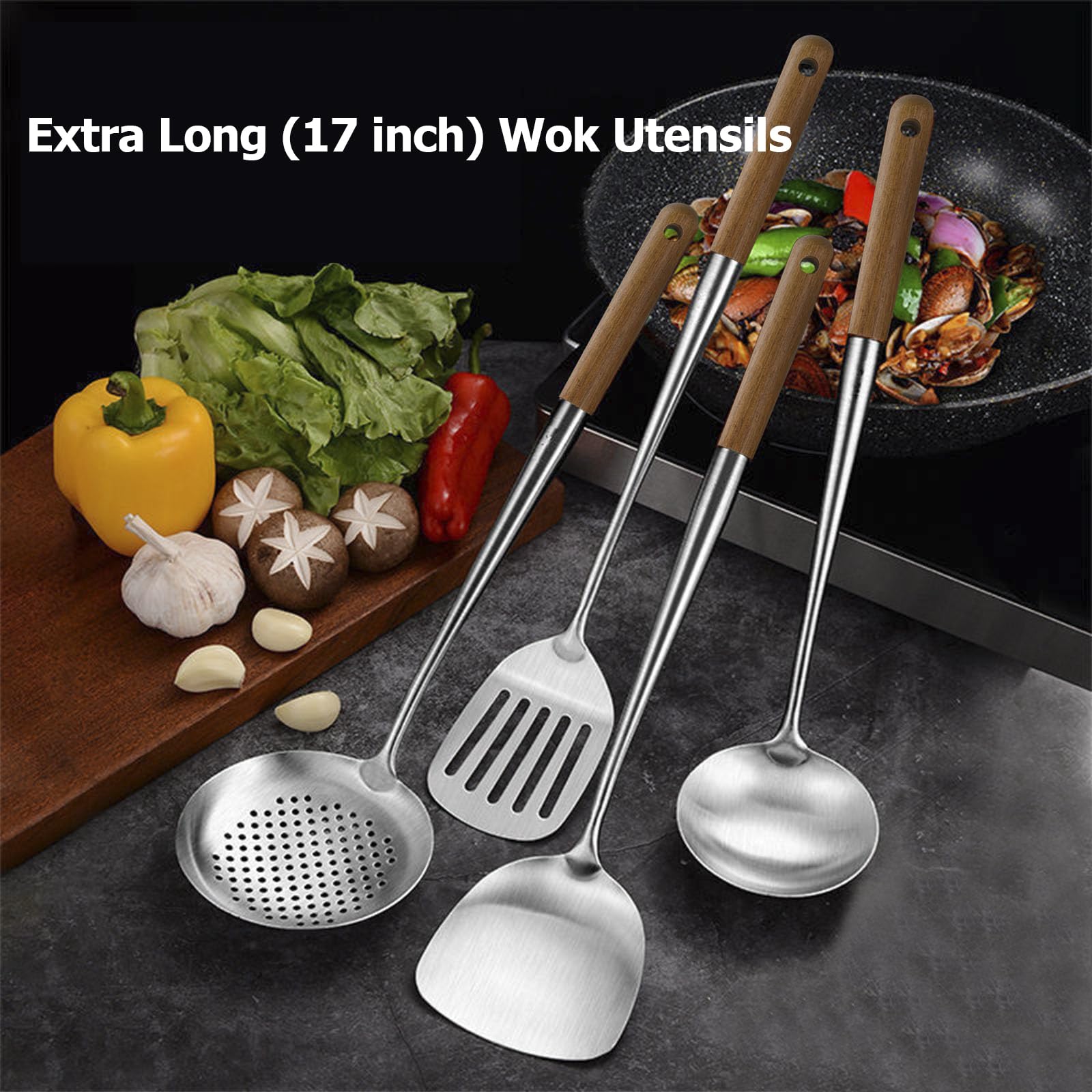 NIITAWH Wok Utensils for Carbon Steel, Stainless Steel Wok Spatula Metal, 4-Pieces 17 Inch Extra Long, Wok Tools Professional Set, Wooden Handle Skimmer, Soup Ladle, Slotted Turner