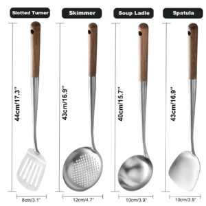 NIITAWH Wok Utensils for Carbon Steel, Stainless Steel Wok Spatula Metal, 4-Pieces 17 Inch Extra Long, Wok Tools Professional Set, Wooden Handle Skimmer, Soup Ladle, Slotted Turner